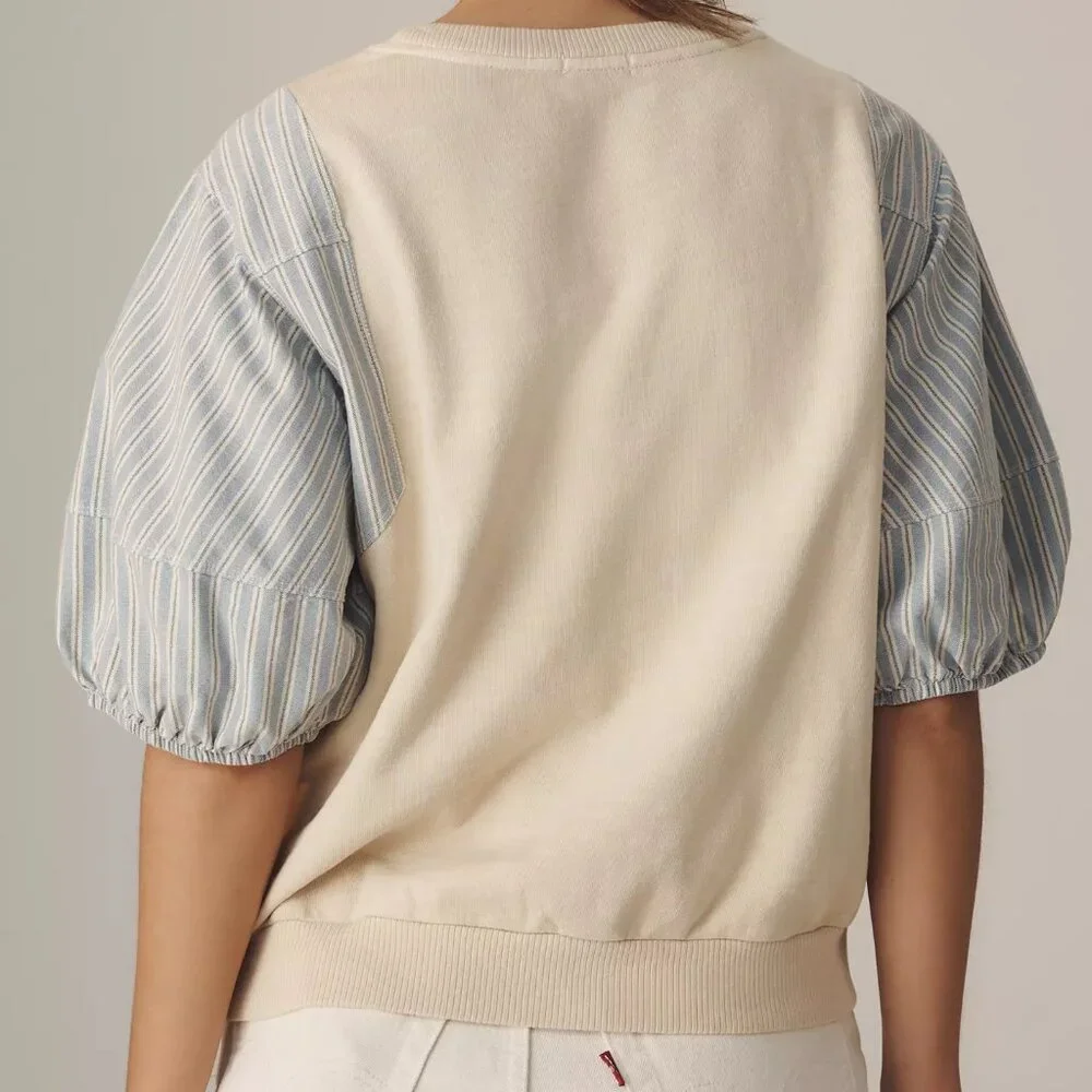 Pilcro Woven Crewneck Puff-Sleeve Top in Beige and‎ Blue Stripe XS NWT - Picture 2 of 14